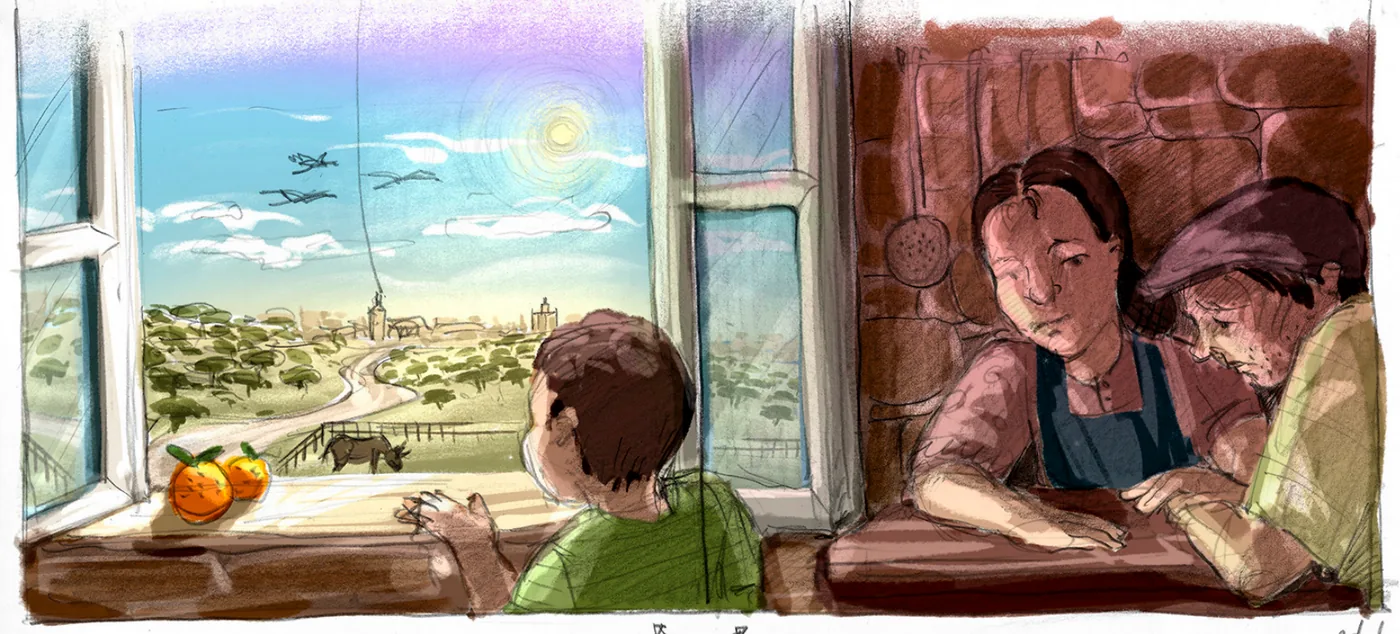 A boy leans on the sill of an open window looking out over orange orchards toward a distant city; in the next room his mother rests a hand on his father’s.
