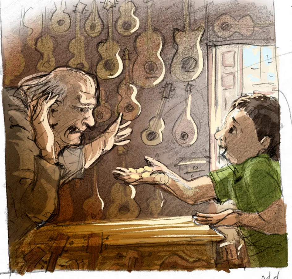 An old shopkeeper leans across a counter toward a boy holding out a handful of coins, in a shop hung with dozens of guitars.